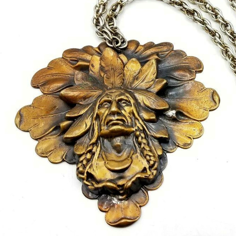 huge large vintage brass Native American pendant necklace on thick chain